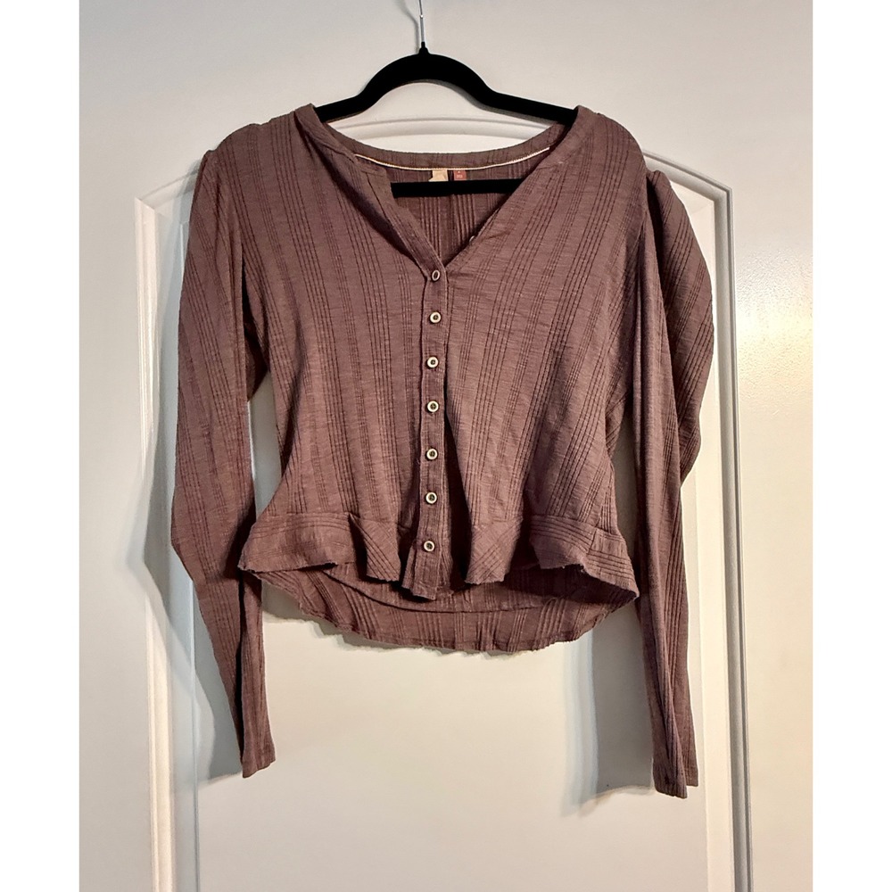 Pilcro Cardigan Small Mauve Peplum Puff Sleeve Ribbed Top Anthropologie Boho